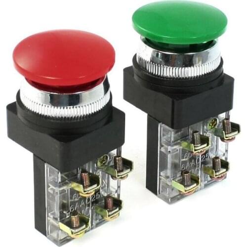 2pcs Red and Green AC 250V 6A DPST Momentary Mushroom Head Push Button Switch 32 x 36 x 76mm
