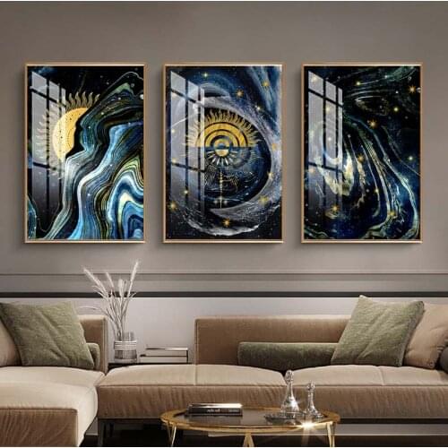 Abstract Universe Starry Canvas Painting Golden Sun Ink Texture Poster Modern Wall Art Print Pictures for Living Room Home Decor