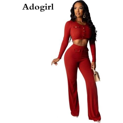 Adogirl Ribbed Knitting 2 Piece Set Long Sleeve O-Neck Pullover Tops + Casual Wide Leg Pants Female Botton Bodycon Casual Suit