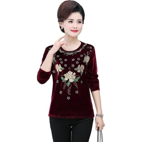 Velvet T-Shirts Middle Age Mother Long Sleeves Tops Spring Fall Women Bottoming Shirt Grandma Clothing