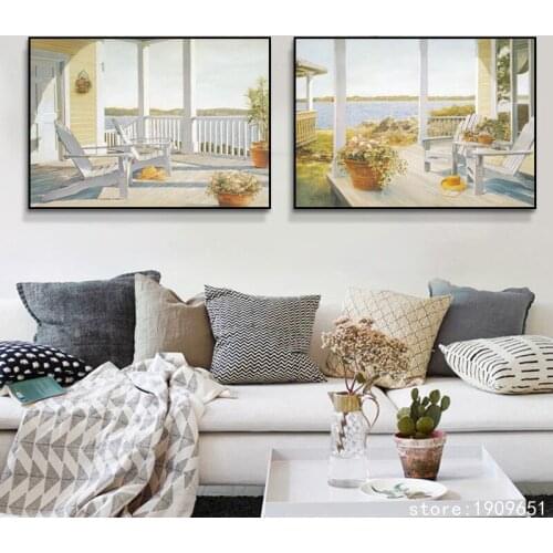 No frame Mediterranean white house sea scenery canvas printings oil painting printed on cotton wall art decoration pictures
