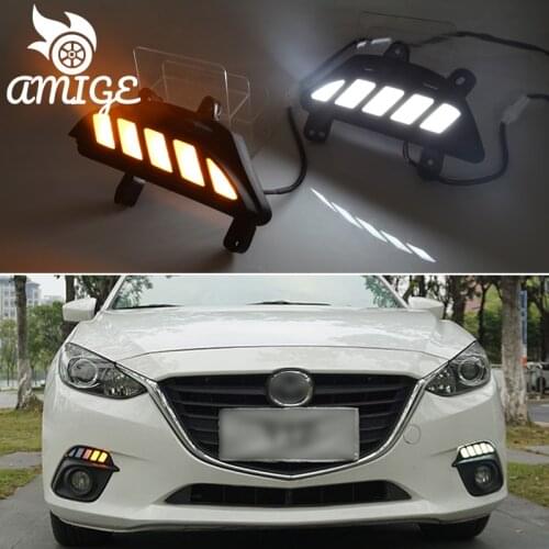 DNO LED Daytime Running Headlamps For Mazda 3 2014 2015 2016 Dynamic Daylights Yellow Turn Signal Car DRL Foglamp