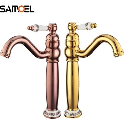 Economic Brass Rose Golden Bathroom Basin Faucet Mixer With porcelain Handle Rose Gold Lavatory Sink cold Hot Water Tap
