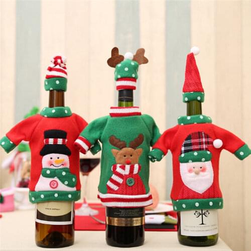 Hot Sell Christmas Decorations Wine Bottle Sweater Cover Bag Santa Claus Knitting Hats For New Year Xmas Home Dinner Party Decor