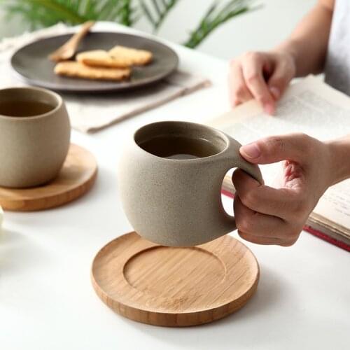Personalized Creative Ceramic Mug Simple Student Breakfast Milk Coffee Office Water Cup Bamboo Wood Mat Earthenware Whit Coaster