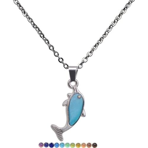 Temperature Change Color Necklace Jewelry with Silver Color Stainless Steel Chain Dolphin Pendant Mood Necklace for Women Gift