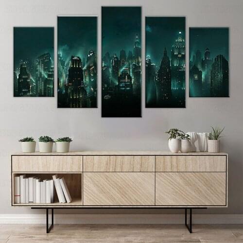 Canvas Pictures Home Decor HD Print 5 Panel Bioshock Rapture Night View Painting Modular Abstract Game Poster Wall Art Framework