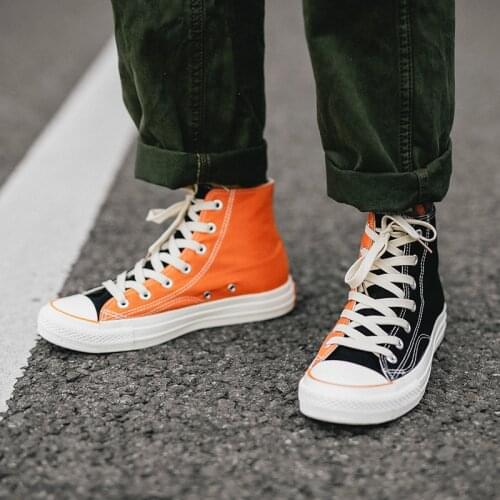 Man Canvas Shoes Orange Black High Top Lacing Mixed Color Boys Sneakers Skateboard Shoes High Quality All Match Street Fashion