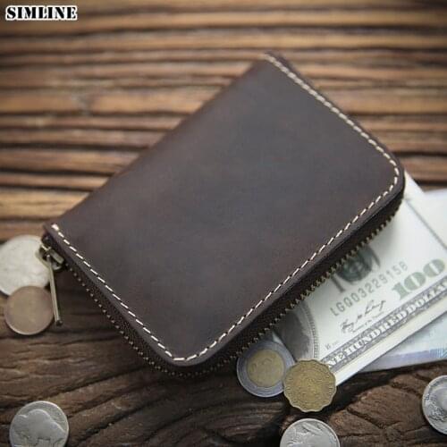 SIMLINE Genuine Leather Wallet For Men Vintage Crazy Horse Leather Short Small Zipper Mens Wallets Purse Card Holder Coin Pocket