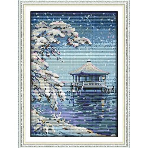 The pavilion on the water cross stitch kit winter snow 14ct Pattern printed DMC embroidery handmade needlework craft supplies