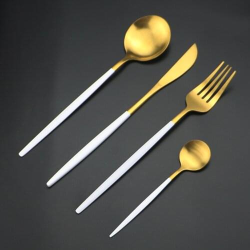 4Pcs/5Pcs/6Pcs White Gold Cutlery Set 18/10 Stainless Steel Dinnerware Set Kitchen Tableware Set Knife Fork Spoon Dinner Set