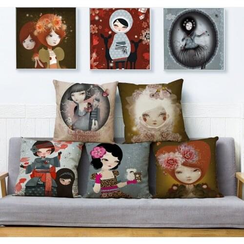 Cartoon Cute Girl Lady Print Pillow Cover 45*45cm Cushion Cover Beige Linen Throw Pillows Cases Sofa Home Decor Cushion Covers