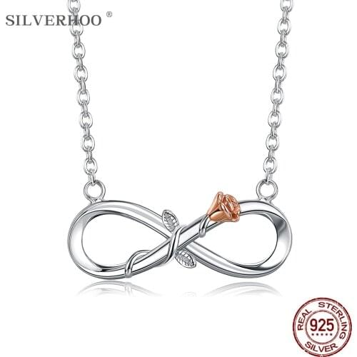 SILVERHOO Infinity Love Necklace For Women 925 Sterling Silver Rose Gold Plated Rose Intertwine Necklaces Flower Pendant Chain