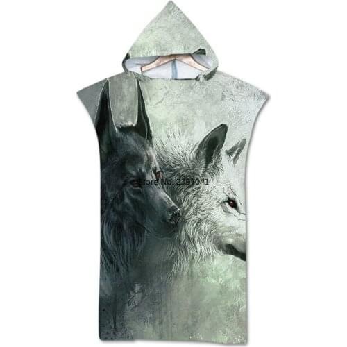Adult Microfiber Wetsuit Dress Hooded Surf Beach Swimwear Wolf Printed Swimming Quick Dry Ultralight Cooling Towel Bath Robe