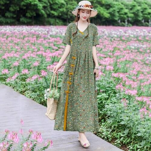Ethnic style floral cotton linen dress summer 2021 new products loose thin literary retro linen cotton large swing dress women30