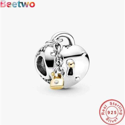 Real 925 Sterling Silver Two-Tone Heart and Lock Charm Fit Original Pandora Charms Bracelet Pendant Bead Jewelry Berloque