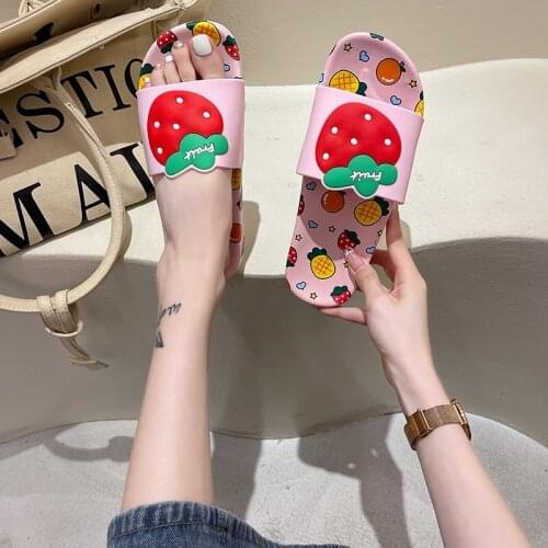 New 2021 Women Slippers Open Toe 2cm Heels Fruit Stylish Cartoon Cute Soft Comfy Non-Slip Summe Flat Slippers for Women Slides