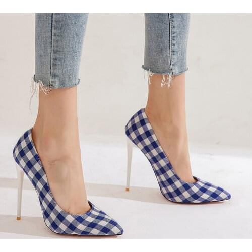 Casual OL style sexy pointed toe denim pumps fashion stripe plaid color red blue super high with thin heel womens shoes
