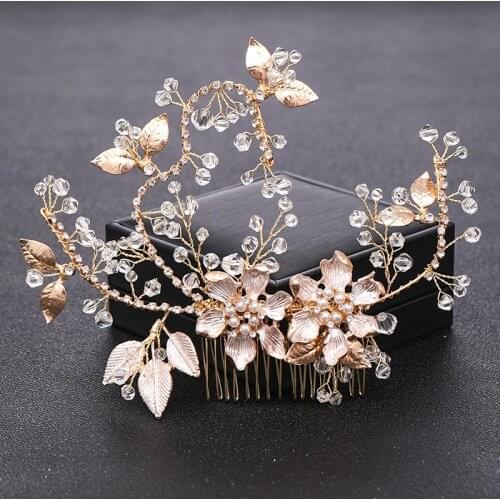 Vintage Gold Crystal Pearl Wedding Hair Combs for Bridal Hair Accessories Headpiece tiara Wedding Flower Hair Ornaments Jewelry