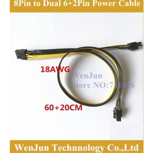High quality 8pin male to dual PCI-E PCI Express 8p ( 6+2 pin ) Male power cable 18AWG wire for graphics card 60+20cm