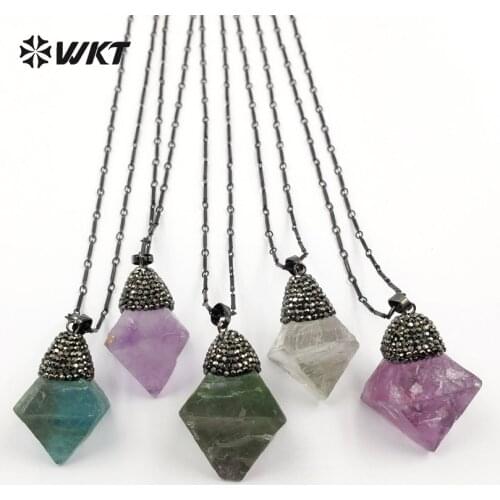 WT-NV212 Bohemia Style Necklace, Dice Shape Rainbow fluorite With Rhinestone Paved In Top Pendant, 18 Inch Black Gun Necklace