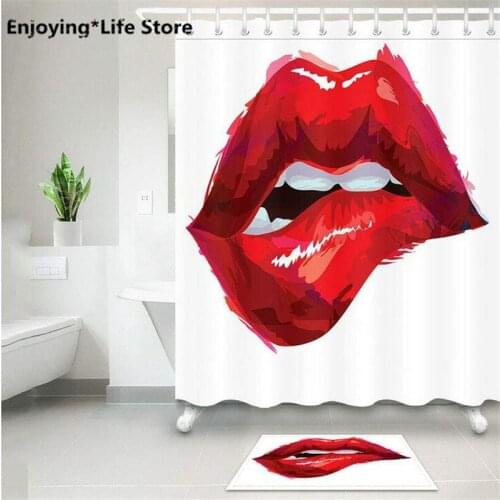 Sexy Red Lips Shower Curtain Set Waterproof Shower Curtain Bathroom Bath Mat Fabric Rugs 72 x 72 12 Hooks Shower Curtain Mat
