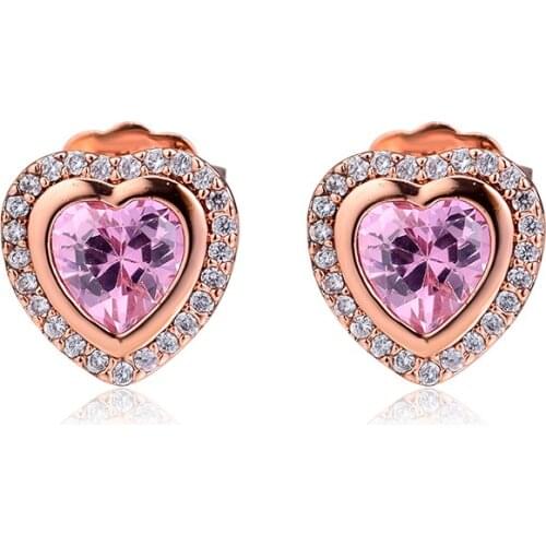 100% 925 Sterling Silver Sparkling Love Rose Gold Stud Earrings for Women Wedding Earring Fine Jewelry femme Gift