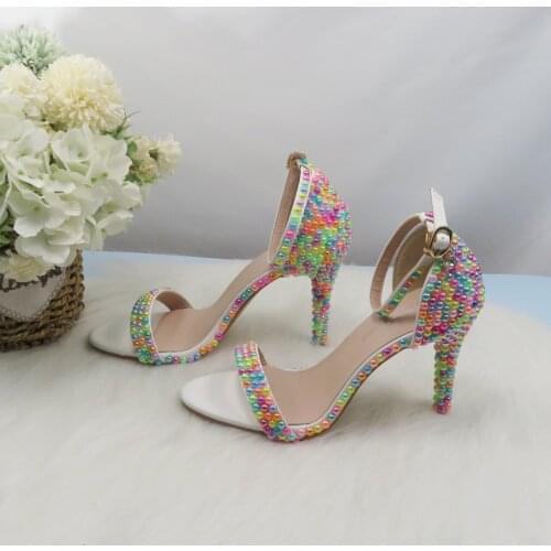 2021 New Arrival Summer Female Bridal Sandals Pearl ankle strap wedding shoes woman Fashion Multicolored Thin Heel Buckle Sandal