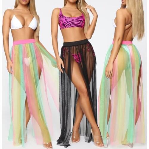 Women Bikini Cover Up Swimwear Sarong Sheer Beach Maxi Wrap Skirt Colorful Female High Waist See Through Cover-ups Pareo Dress