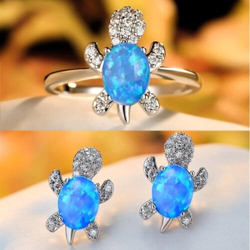 Female Dainty Small Sea Turtle Ring Earrings Blue Opal Oval Stone Bridal Jewelry Sets For Women Vintage Silver Color Wedding Set