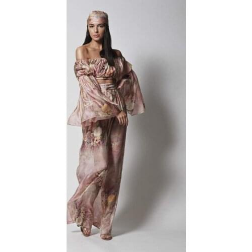 Summer Sexy Print Two Pieces Women Off Shoulder Bodycon Dresses Long Lantern Sleeve Floral Club Costume Vestido