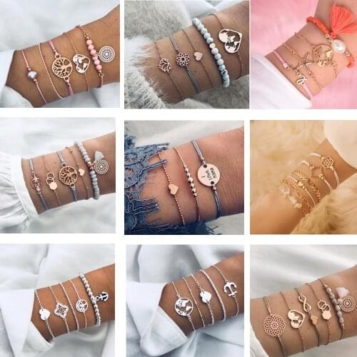 4 Piece / Set Siver Rose Gold Love Crystal Hollow Lotus Tassel Leaf Metal Chain Bangle Bracelet for women