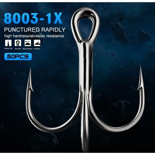 50pcs/lot Saltwater Fishing Hook Black Nickle Treble Hooks 1#-12# 2/0#-5/0# High-Carbon Steel Fishhook High Strength Hooks