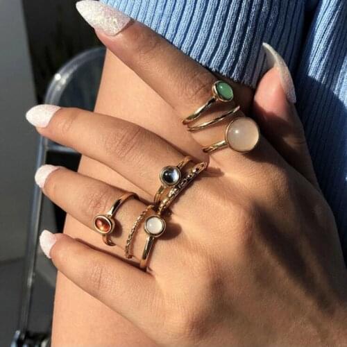 2021 New Korea 8pcs/set Vintage Colorful Stone Metallic Chain Trendy Geometry Hit Rings Set for Women Girls Weding PartyJewelry