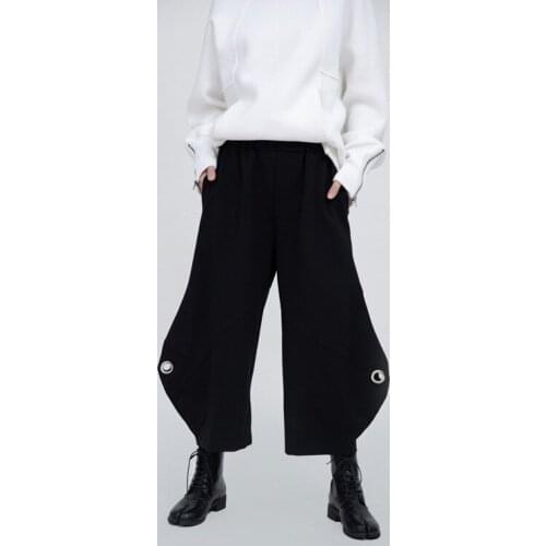 Women pants 2020 autumn new Cotton Hollow Out Sequined Solid High Loose Elastic Waist Streetwear Ankle-Length Pants