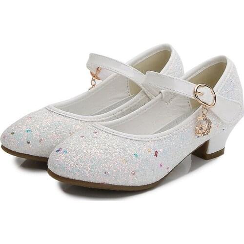 Flower Children High Heels Party Wedding Princess Shoes For Big Girls Kids Sequins Bling Leather Dance Shoes 5 6 13 14 Years Old
