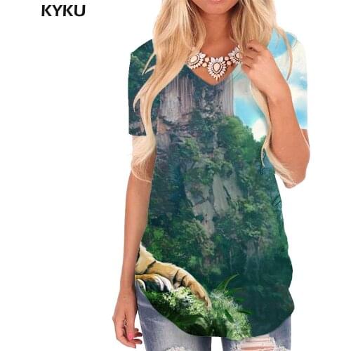 KYKU Tiger T Shirt Women Animal Tshirts Printed Star Forest V-neck Tshirt Waterfall T-shirts 3d Womens Clothing Fashion Printed