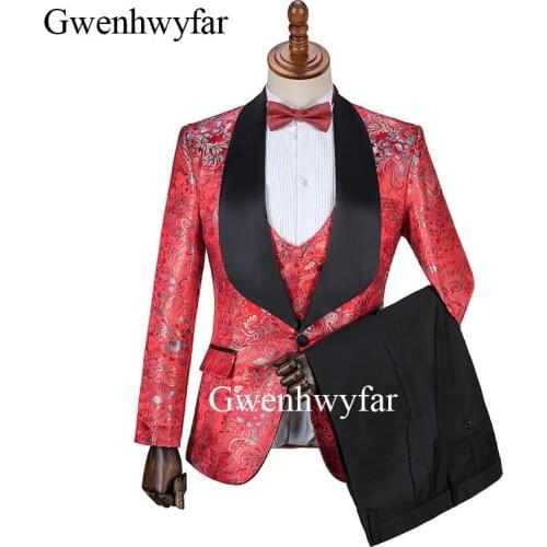 Gwenhwyfar 2019 Slim Fit Terno Blazer Sets Phoenix flower Red Tuxedo Young Men Party Prom Fashion Suits Wedding Tuxedos For Men