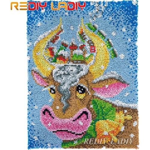 Latch Hook Rug Christmas Cow Chunky Yarn Tapestry Kits DIY Carpet Rug Knitted Floor Mat Crochet Cushion Arts & Crafts 61*81cm