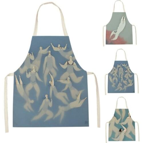 1Pcs Man Swimming In Ocean Waves Kitchen Apron Abstract Blue Kids Men Women Chef Cooking Aprons Waist Bib Cleaning Pinafores