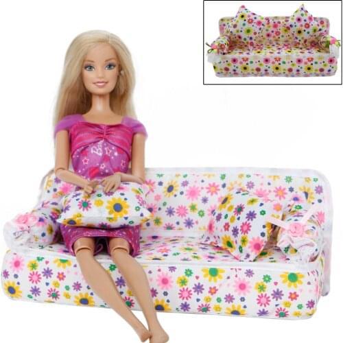 1 Set Mini Doll Sofa Plush Stuffed Furniture Flower Print Baby Toy with 2 Cushions for Barbie Doll Accessories Couch Doll House