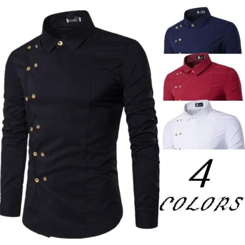 Men Solid Color Long Sleeve Slim Fit Black Shirt 2021Autumn Mens Oblique Button Irregular Double Breasted Ethnic Shirts Male Top