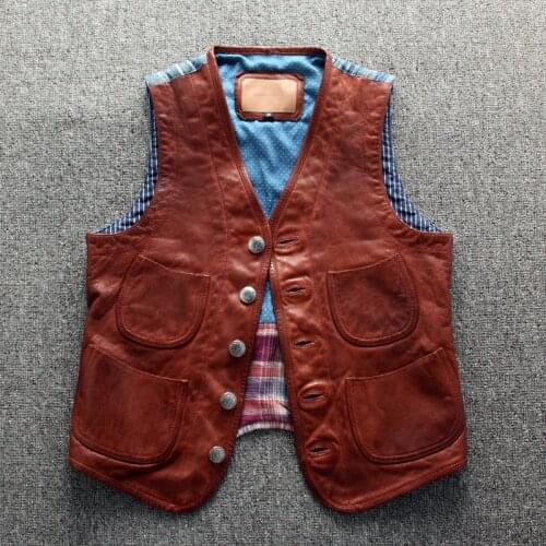 Genuine Mens Vest Vintage Western Cowboy Waistcoat Sheepskin Sleeveless Leather Jackets Cloth Back High Quality