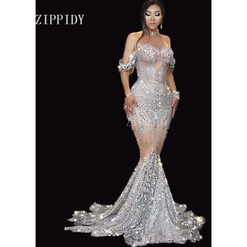 2019 New Silver Sequins Rhinestones White Fringes Dress Womens Birthday Prom Celebrate Outfit Bar Evening Women Dancer Dress