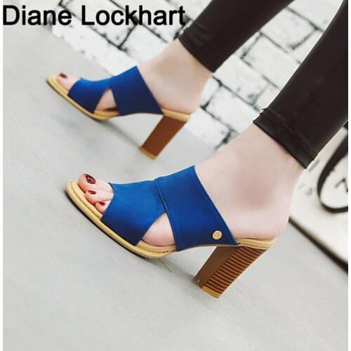 New summer High Heels flock Slippers Outdoor Open Toe sandals casual Chunky Heel Shoes High Quality Size 34-43 zapatos mujer