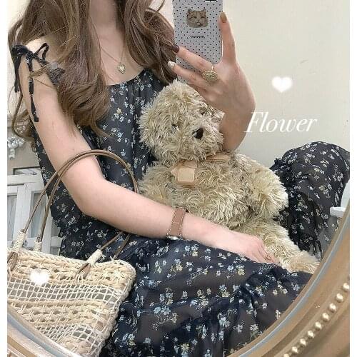 Vintage Style Sweet Girl Womens JSK Floral Dress Sleeveless Chiffon Dress Princess Dress Big Hem One Piece