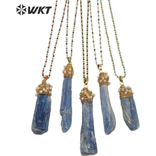 WT-N1217 Blue kyanite necklace raw stone with gold electroplated brass wire wrapped pearl beads multi color beads chain Necklace