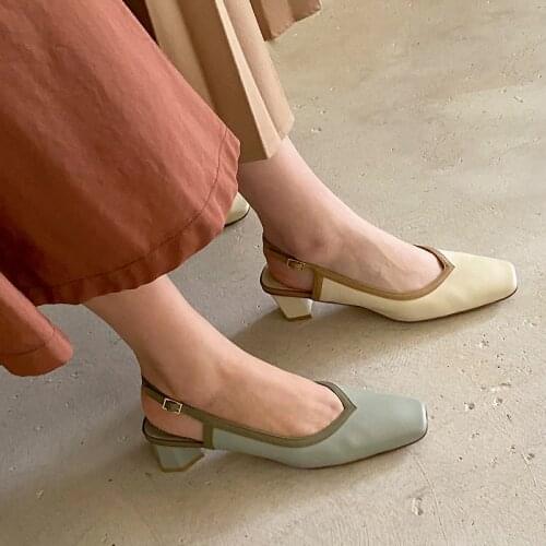 2020 summer new leather fresh color matching square head high heels cowhide low heel back sling belt female thick heel sandals Z