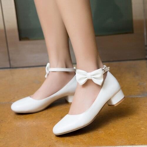 YMECHIC Summer 2019 Block Chunky Women Heels White Pink Cute Sweet Bow Lolita Shoes Medium Low Heel Pumps Ankle Strap Wedding