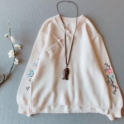 Women Sweater V neck Retro Button Embroidery Lantern Sleeve Knit Long-sleeved Autumn Winter Women Coat YoYiKamomo